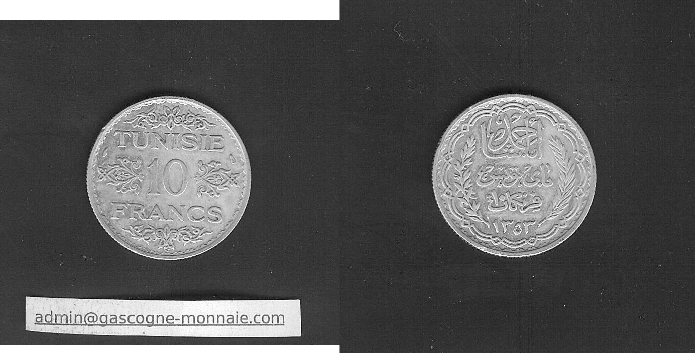 Tunisia 10 francs 1934 gVF/EF